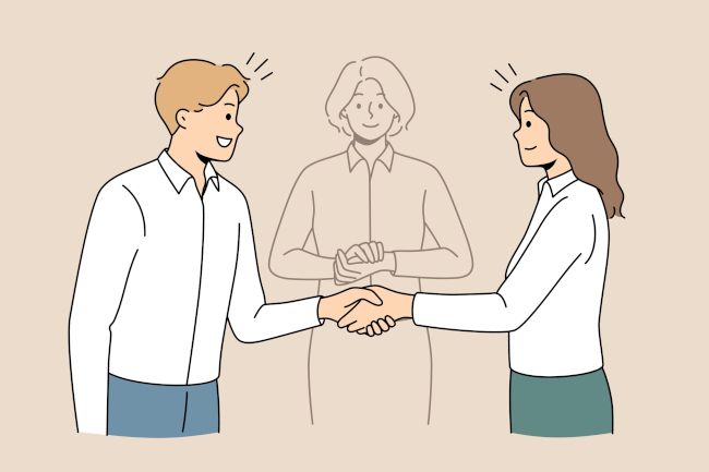 stock vector business partners shake hands find solution with help of mediator happy employees or colleagues 2137866557